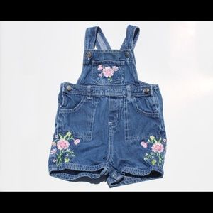 Overall Shorts with Floral Embroidery